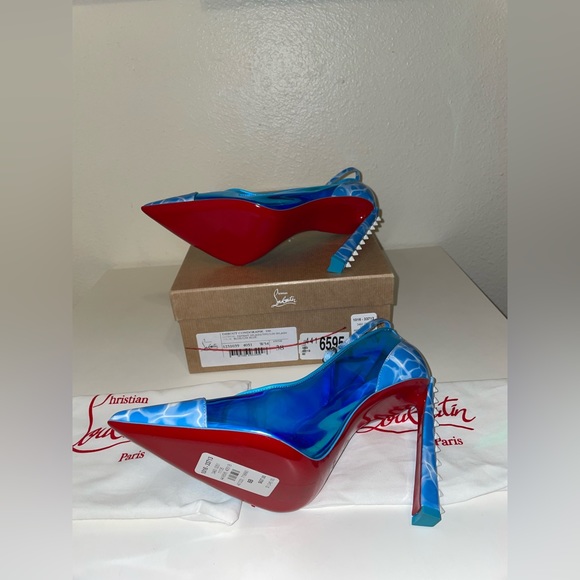 CHRISTIAN LOUBOUTIN DEBOUT CONDORAPIK 100 VINYL & PATENT PUMP LIN BLUE SPLASH - Picture 8 of 13